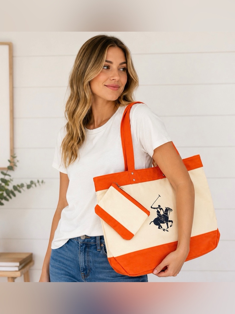 NWT Beverly Hills Polo Club Canvas Tote Bag Vibrant Orange w/ Matching Zip Pouch